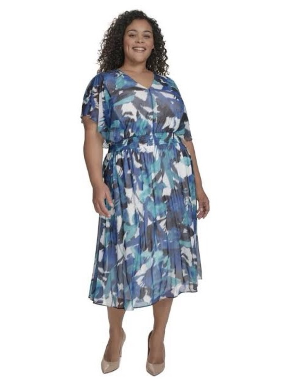 DKNY Blue Multi-Print Pleated Midi Dress 16W
